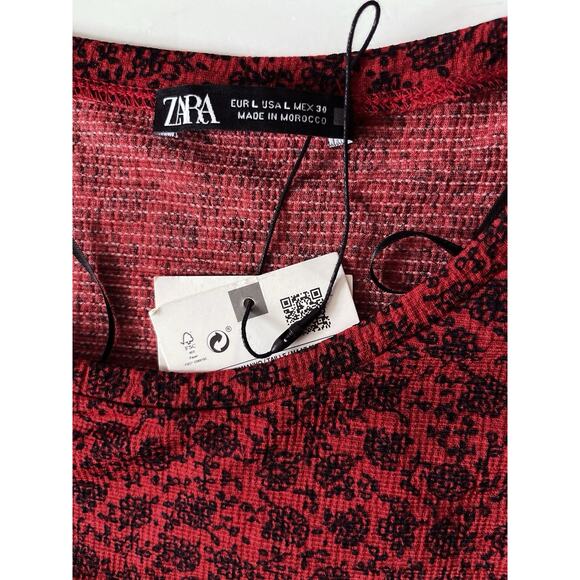 Zara Dainty Floral Dress L Red Black Tiered Cottagecore Raw Hem Boho Maxi Midi - Picture 2 of 9